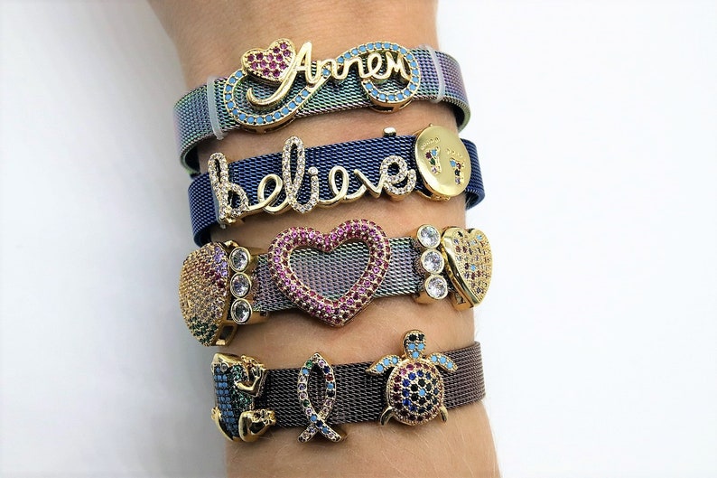 CZ Micro Pave Slider Bar Beads Gold Silver Charms Slide Etsy