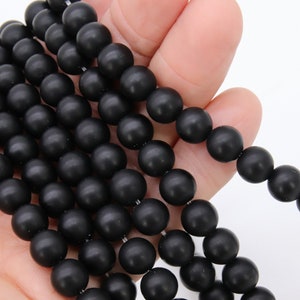 Black Stone Beads, Smooth Frosted Matte Round Black Beads BS #27, sizes 10mm 15.5 inch Strands