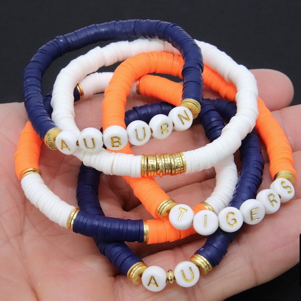 Heishi Beaded Bracelet, Blue Orange White Gold Stretchy Bracelet #698, Auburn Tiger Team School Spirit Clay Beaded Bracelets