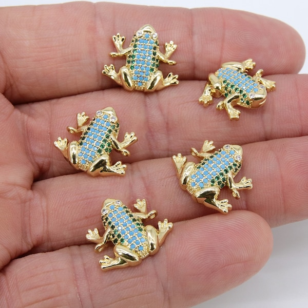 CZ Micro Pave Frog Connectors, Gold 3D Colorful Amphibian Blue Turquoise #643, Green Toad Pendant Bead