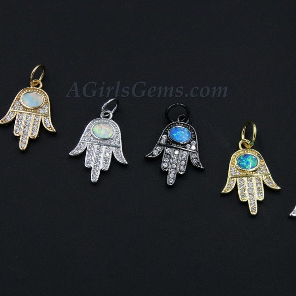 Tiny Opal Hand Charms, White and Blue Turquoise 18 K Gold, Black, Silver Middle Finger Necklace pendants