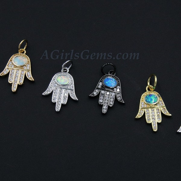 Tiny Opal Hand Charms, Pendentifs Collier Blanc et Bleu Turquoise 18 carats, Noir, Argent