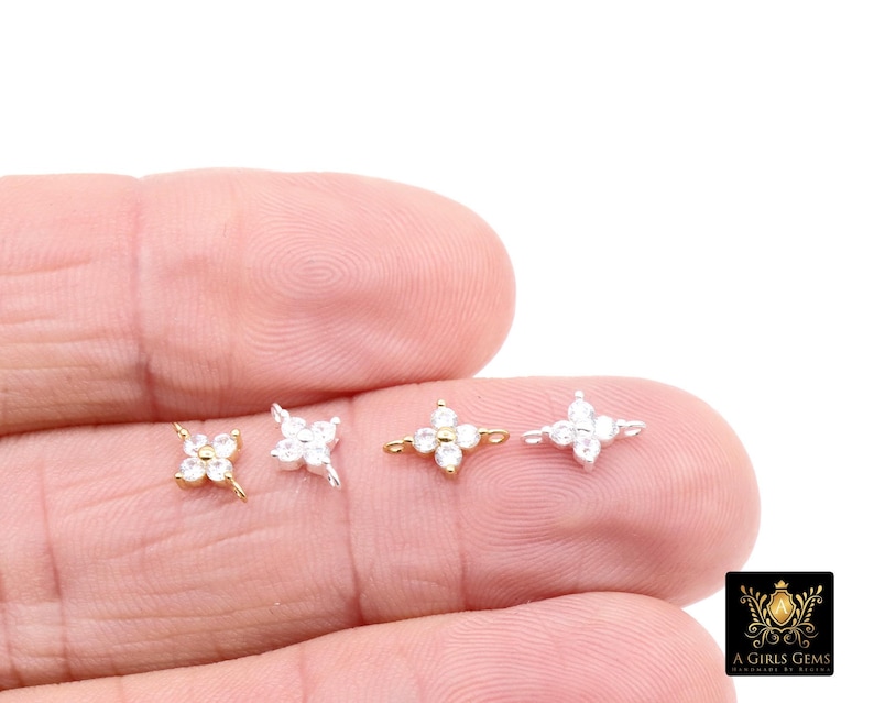 925 Sterling Silver CZ Clover Connectors, 14 K Gold Filled 6 mm Cubic Zirconia Quatrefoil Perpendicular Links # 3668, Minimulist, 6 x 9 mm image 2