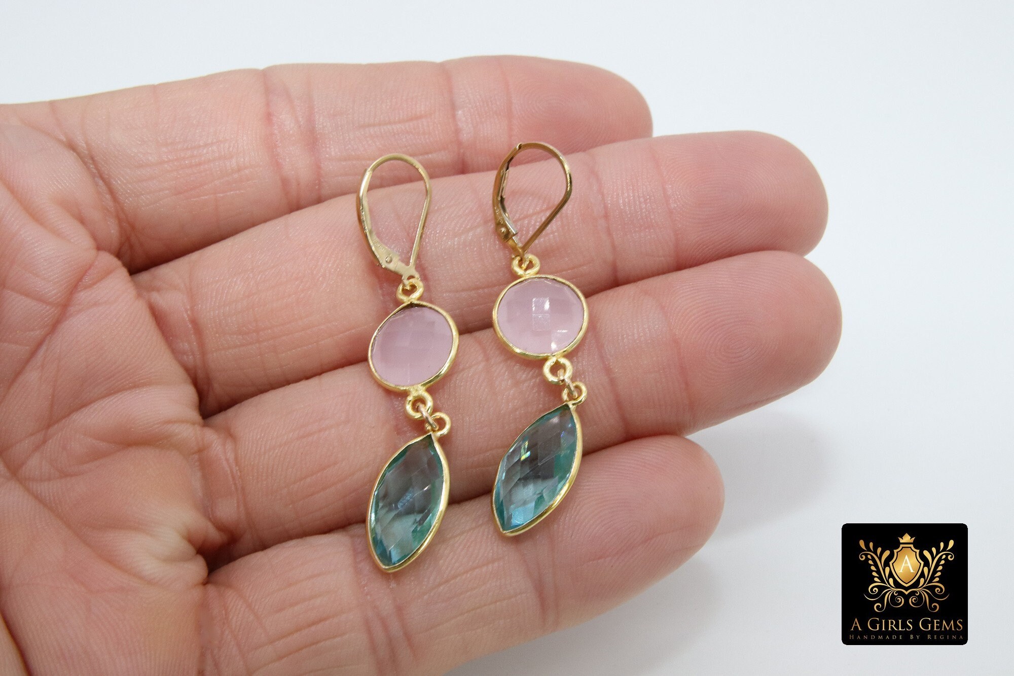 Boucles D'oreilles Anciennes - Quartz Rose, Topaze, Plaqué Or/argent - Pendantes Vintage