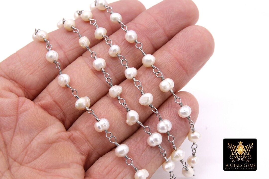 Natural Pearl Silver Chain, Freshwater Beaded Rosary Chain CH 519 — free download