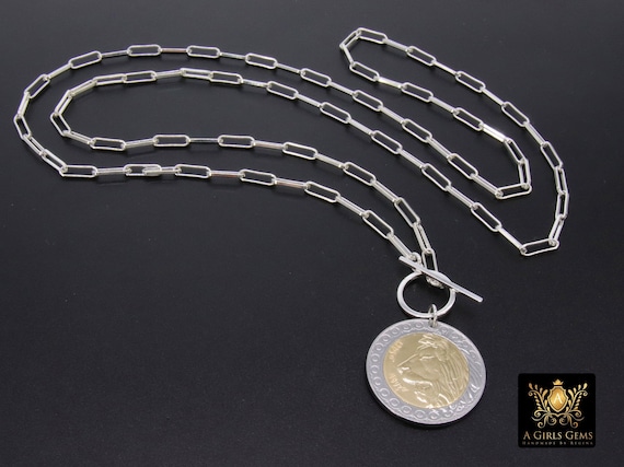 Silver Coin Necklace, 925 Sterling Silver Medallion Toggle Wrap