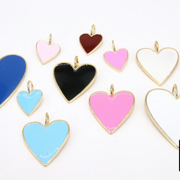 Gold Enamel Heart Charms, Pink Black Red and Baby Blue Hearts #2431, Large Hole White Heart Jewelry Charms