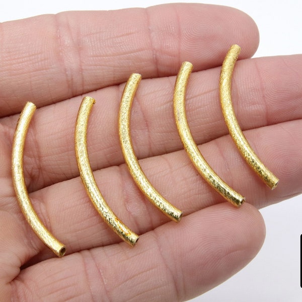 Gold Tube Spacer Beads, 10- 160 pcs Hollow Curved Brushed Gold Metal Bead #3143, 3 x 40 mm Findings, 9.5 Inch Strand in High Quality Plating