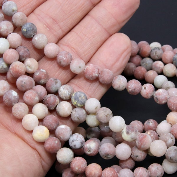 Natural Marble and Pink Kiwi Beads, Frosted Sesame White Round Jasper Beads BS #61, size 8mm 15.5 in FULL Strands