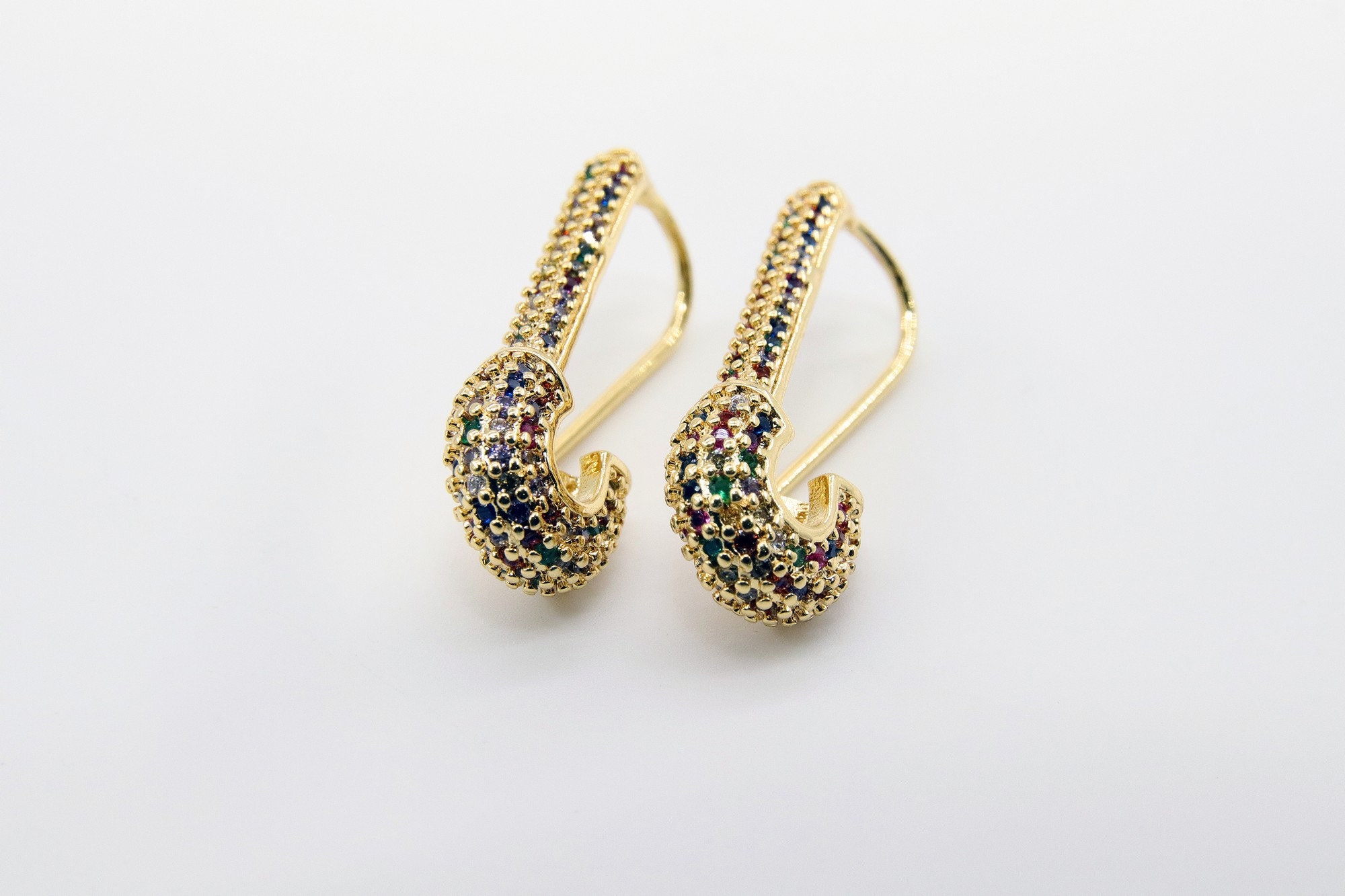 Buy CZ Micro Pave Safety Pin Earrings Gold Rainbow Hook, Huggie 