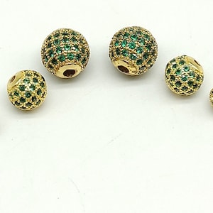 CZ Pave Emerald Green Round Balls, Gold Plated Crystal Disco Beads #469, 6 mm 8 mm 10 mm, Spacer Focal Beads