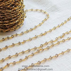 Smoky Grey Rosary Chain, 4 mm Crystal Gold Plated Chain CH #341, Boho Jewelry Chains, Glass Beaded Rosary, By The Foot