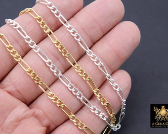 14 K Gold Filled Figaro Chains, 925 Sterling Silver 10 x 3.8 mm Large Unfinished Chain Link CH #664, Paperclip Long and Short Rolo CH #870