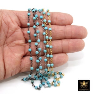 Turquoise Rosary Blue Beaded Chain, 4 mm Wire Wrapped CH #524, Silver Plated, Blue Boho Howlite Jewelry Chain