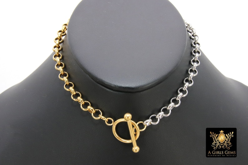 Silver and Gold Toggle Wrap Necklace Two Tone Rolo Lariat Chunky Choker Rolo Chain Necklace