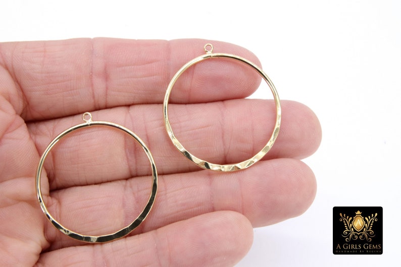 Textured Gold Round Hoop Ear Rings, 35 mm Glittery Gold Charms 948, Hammered Wire Hoops, High Quality, Light Weight Findings image 1