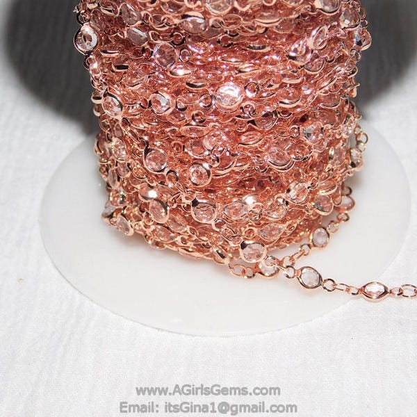 Chaîne de chapelet en cristal clair en or rose, lunette de connecteur plaquée or rose CH #517, chaînes de 4 mm, vente en gros, au pied