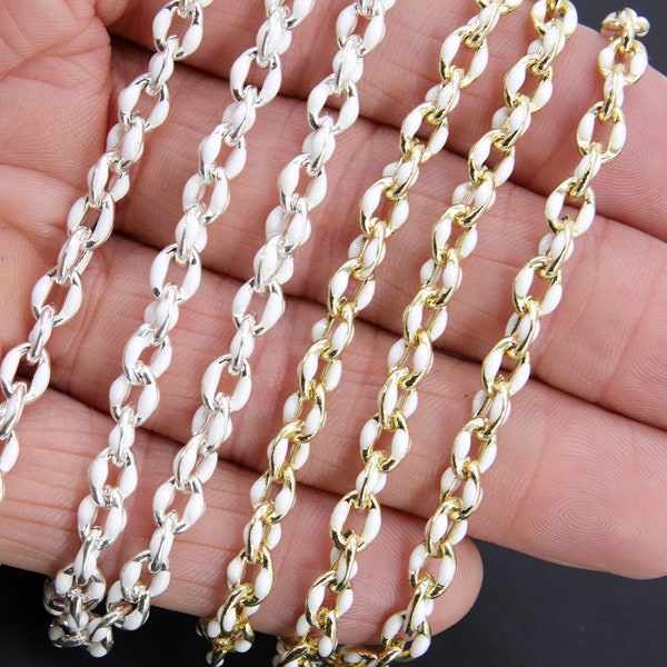Gold Oval Satellite Enamel Chain, White and Silver Jewelry Rolo Chain CH #643, By the Foot Unfinished, Minimalist Jewelry