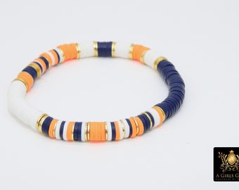 Heishi Clay Beaded Bracelet, Black, Orange White Gold Stretchy Bracele – A  Girls Gems