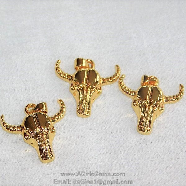 Cow Skull Charm Pendants, Gold Plated Bull Skull Charm #28, Boho Jewelry, Gold Ox Bone Skull Cowboy Supplies Crafts Supplies Bull Skull