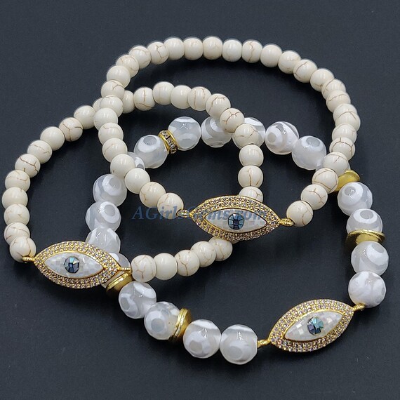 Evil Eye and Dainty Cultured Freshwater Pearl Turquoise bead Adjustable Bracelet For Woman 