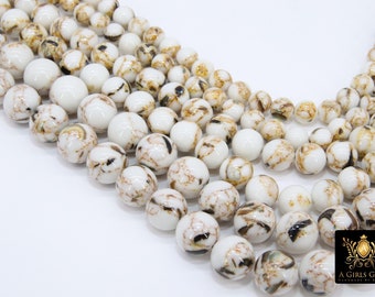 White Cream Turquoise Beads, Smooth Round Beige and White Marbleized Beads BS# 132, sizes in 6 mm 8 m 10 mm 15.75 inch Strands