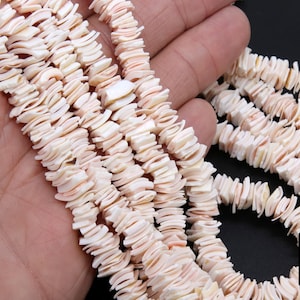 May include: A strand of white and pink shell beads, each bead is a flat, irregular shape. The beads are strung on a white cord and are approximately 1/2 inch in length.