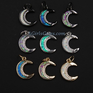 Crescent Moon Charm, CZ Pave Opal Moon with Cubic Zirconia, Gold Lunar Moon, Silver, Black, White, Pink, Blue