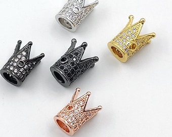 CZ Micro Pave Crown Shaped Beads, 3 Pcs King Crown Spacer #517, Beaded Bracelets Necklaces, Rose, Gold, Silver, Black CZ Paved Plated