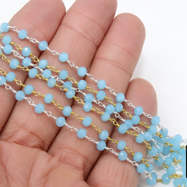 Aqua Blue Chalcedony Rosary Chain, 4 mm Silver Wire Wrapped Chains CH #409, Boho Beaded Chains