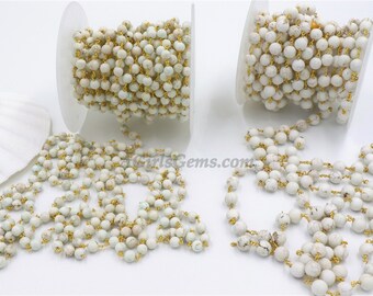 6 mm Matte White Turquoise Chain, Beige Magnesite  Chain CH #369, Gold Wire Wrapped Chains, By the Foot