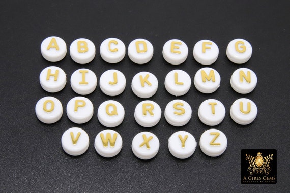 Gold Initial Acrylic Beads, 9 Mm Alphabet Letter in White and Gold Big  Raised Letters 2094, 200 Pc Flat Round Initial Bracelet Beads 