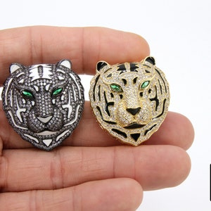 Tiger Head Pendant, CZ Micro Pave Black Tiger Saber Tooth AG# 663, White Tiger Cubic Zirconia Charms for Necklace