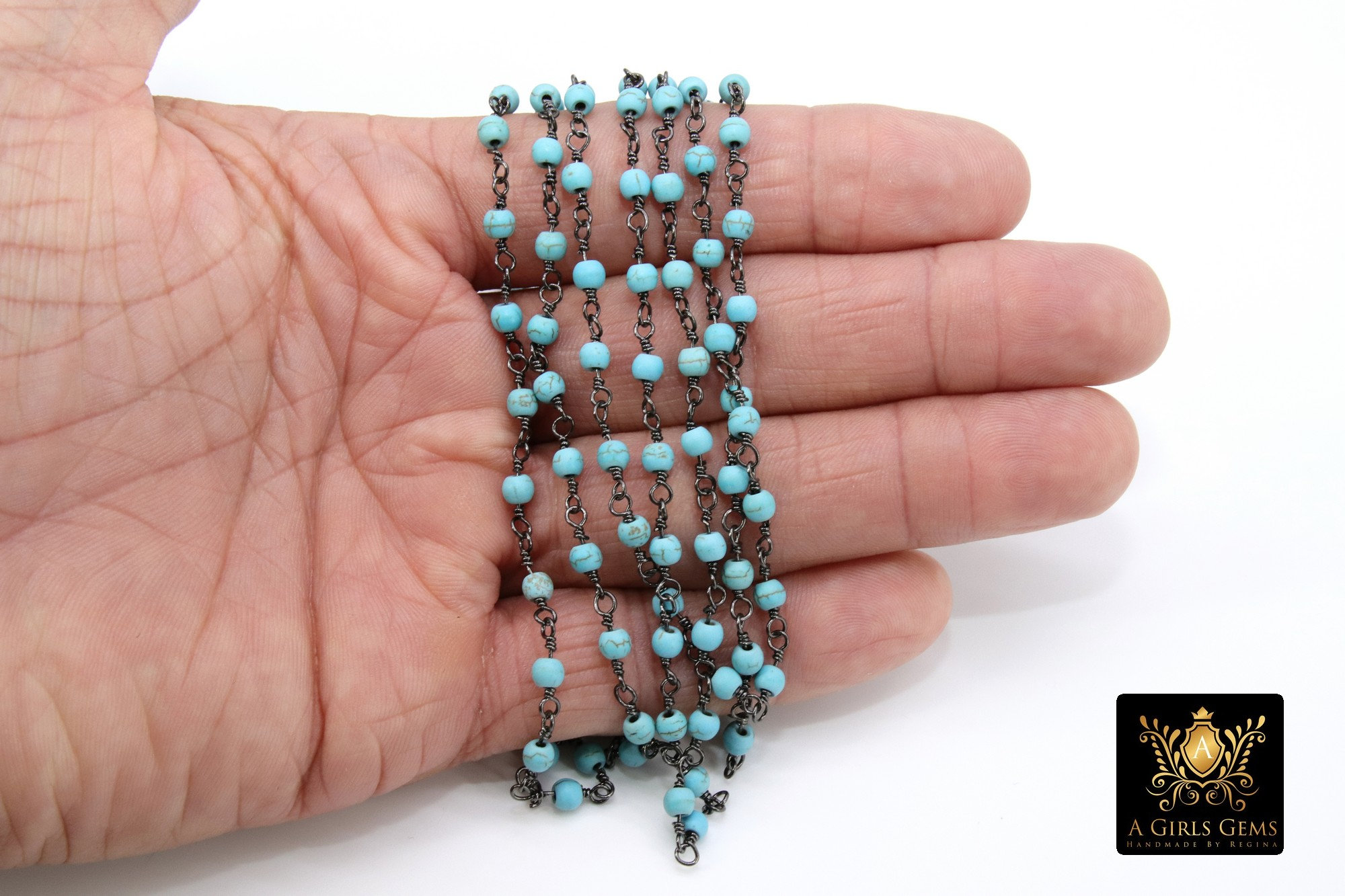 Blue String Chain Turquoise Blue Beaded Chain, 4 Mm Wire Wrapped CH #521, 6 Mm Gunmetal ...
