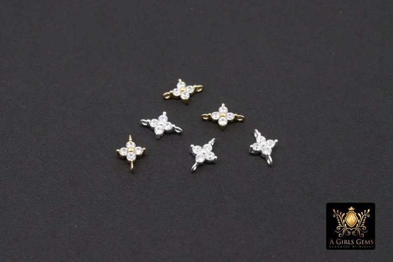 925 Sterling Silver CZ Clover Connectors, 14 K Gold Filled 6 mm Cubic Zirconia Quatrefoil Perpendicular Links # 3668, Minimulist, 6 x 9 mm image 8