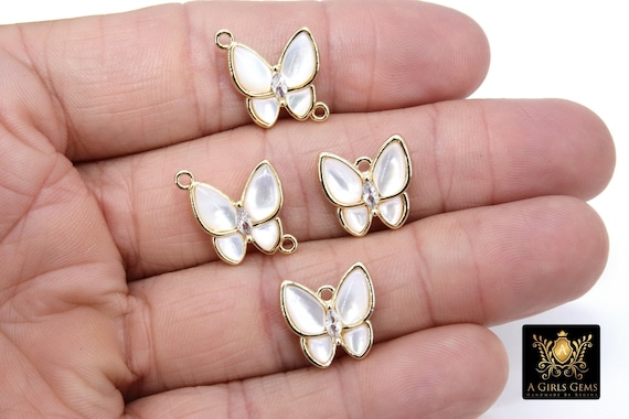 Gold Butterfly Connectors, CZ Micro Pave White Pearl Butterflies #235, African Monmouth Shell Butterfly, Insect Spring Jewelry