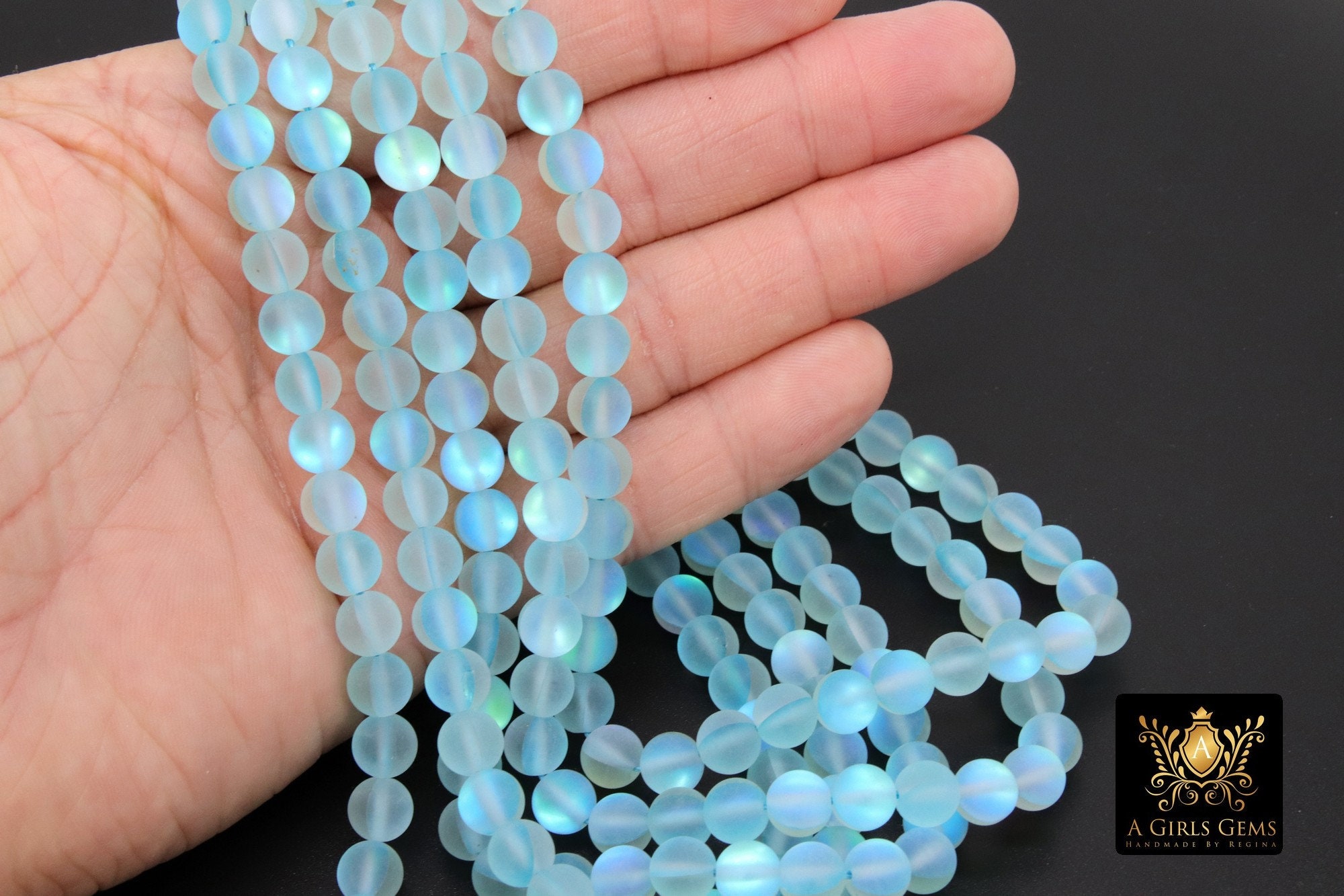 Gray Baby Blue AB Beads, Frosted Aqua Iridescent Beads BS #114, sizes in 8  mm 15.25 inch FULL Strands