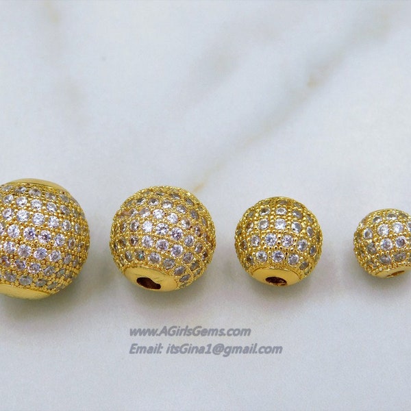 Micro Pave Beads, Gold CZ Round Beads, Cubic Zirconia Diamond Pave 6.8.10.12.14 mm, Clear CZ Bead Spacers