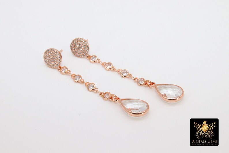 Dainty Chain Rose Gold CZ Earrings Cubic Zirconia Teardrop Dangle Drop Stud Earrings