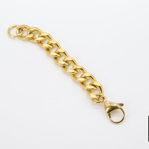 May include: Gold chain extender with a lobster clasp. The chain is a curb style and is approximately 2 inches long.