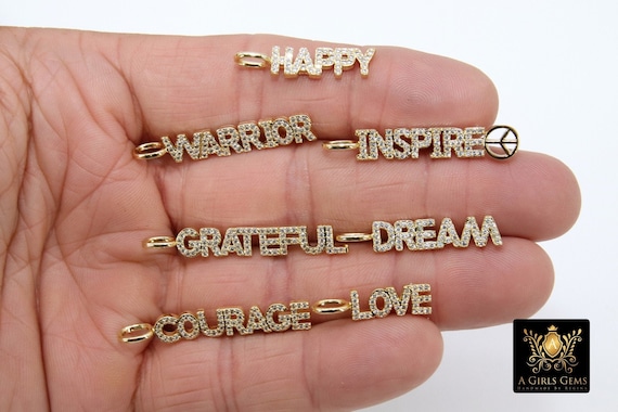 CZ Pave Tiny Dog Tags, Gold Word Charms, Inspirational Dog Tags, Oblong Rectangle Pendants, Courage, Dream, Love, Happy, Grateful Bars