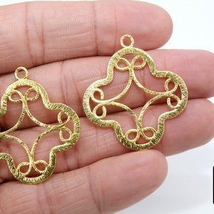 Large Quatrefoil Charm, Brushed Gold Soldered Filigree Clover #668, Earrings or Necklace Pendants 36 x 40 mm