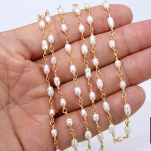 Natural Pearl Rosary Chain, Freshwater Beaded Rosary Chain CH #538, Gold Wire Wrapped, 4.0 mm Long Pearl Jewelry Chains