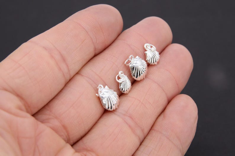 May include: Four silver-toned seashell charms with a loop for attaching to jewelry. The charms are arranged in a row on a hand.