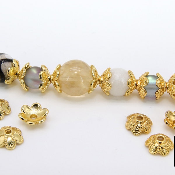 Gold Bead Caps, Bead End Caps, 7 Different 8 mm Styles, Round Cone Discs, High Quality Smooth Plating, Jewelry Findings