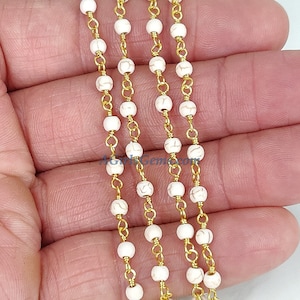 White Turquoise Rosary Chain, 4 mm Cream Beaded Gold Wire Wrapped Chain CH #364, 6 mm Howlite, Boho Jewelry Chain, By The Foot