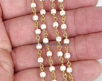 White Turquoise Rosary Chain, 4 mm Cream Beaded Gold Wire Wrapped Chain CH #364, 6 mm Howlite, Boho Jewelry Chain, By The Foot