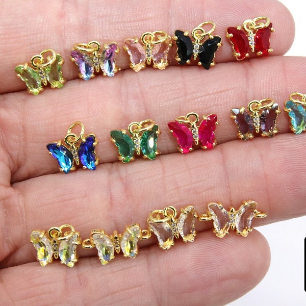 CZ Mini Butterfly Charms, Cubic Zirconia Small Butterflies #2734, High Quality Huggie Tiny Gold Crystal Charms in 13 Colors