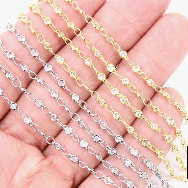 3mm Gold CZ Chain By The Yard, Silver Genuine Cubic Zirconia Chain CH #560, By The Foot, Dainty Minimalist Chain