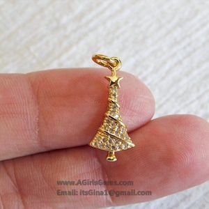 Micro Pave CZ Christmas Tree Charm, CZ Gold Christmas Tree Clear Cubic Zirconia #259, Holiday Jewelry